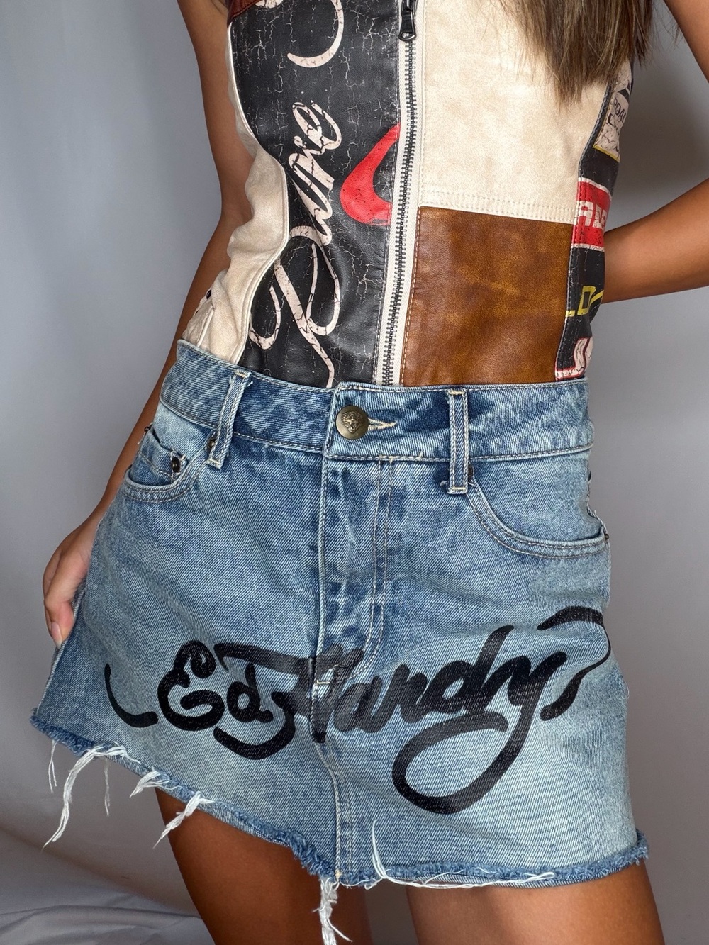 Ed Hardy Light Blue Denim Mini Skirt with Black Logo